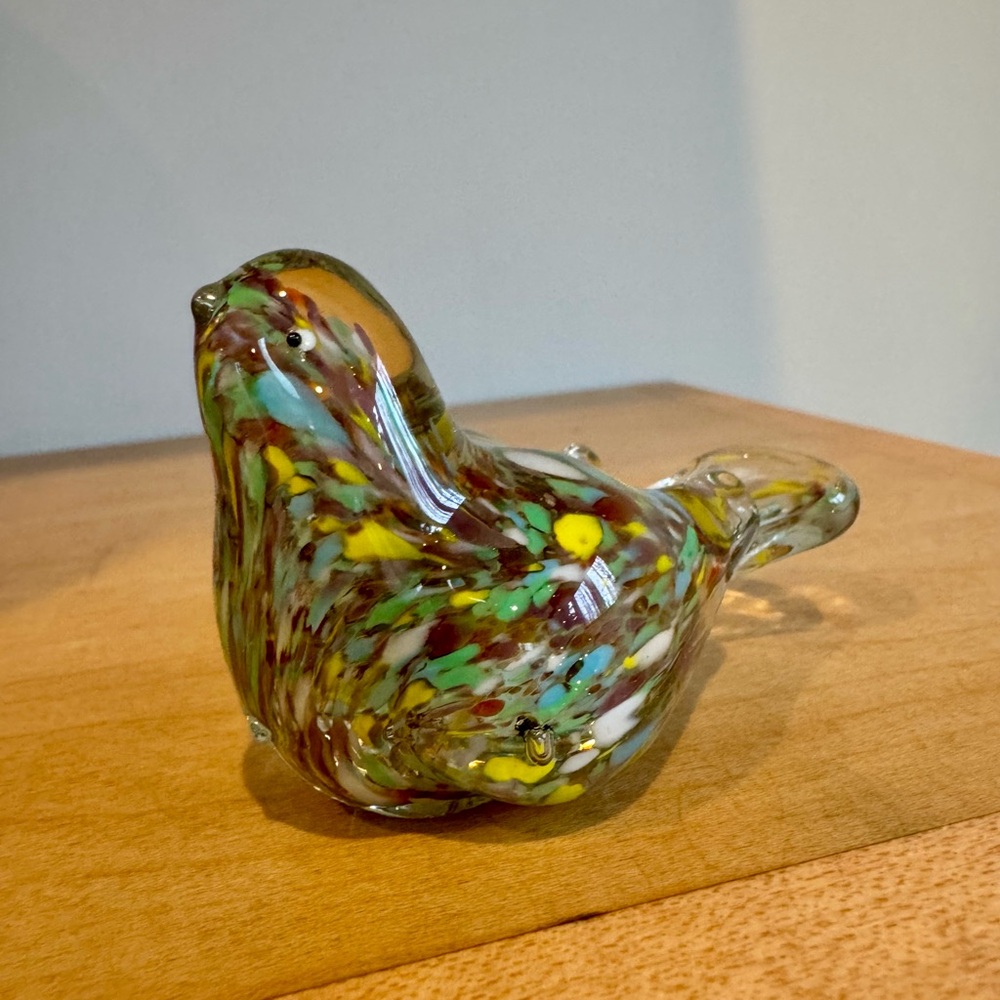 Colorful Glass Art Splatter Swirled Small Bird Paperweight 3” x 1.75”